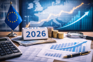 Gráficos financieros y contexto económico europeo representando el nuevo ciclo de tipos de interés en 2026.