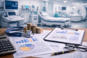 Clínica privada y documentación financiera representando la financiación del crecimiento y del equipamiento médico.